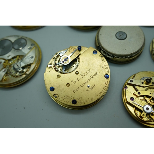 7164 - A collection of pocket watch movements including Smiths, Waltham Broadway, Rigorosa 8 day movement a... 