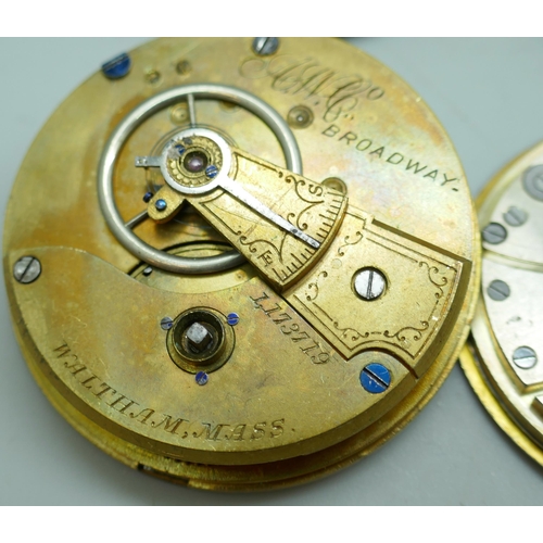 7164 - A collection of pocket watch movements including Smiths, Waltham Broadway, Rigorosa 8 day movement a... 