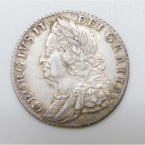 7166 - Coins; a George II 1758 shilling