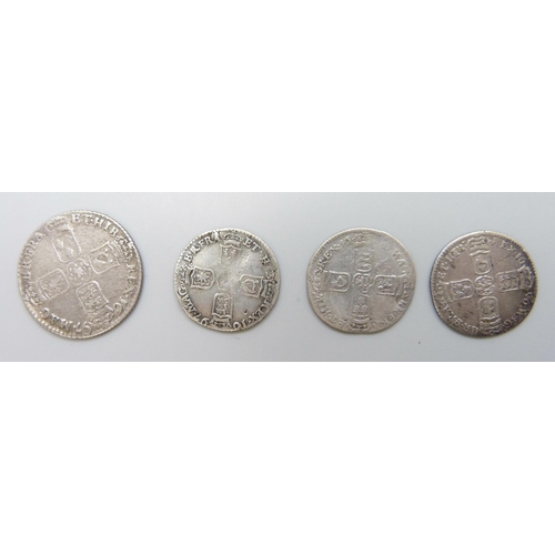 7169 - Coins; four William III silver coins, three shillings, 1696, 1697 and one other, possibly 1696, and ... 