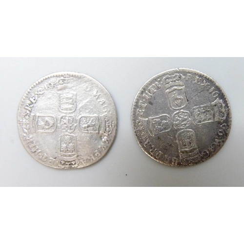 7169 - Coins; four William III silver coins, three shillings, 1696, 1697 and one other, possibly 1696, and ... 