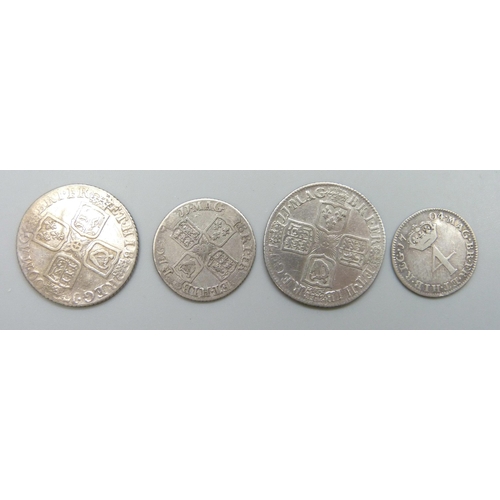 7174 - Coins; four Queen Anne silver coins, 1704 Maundy 4d, 1709 and 1711 shillings and 1711 sixpence