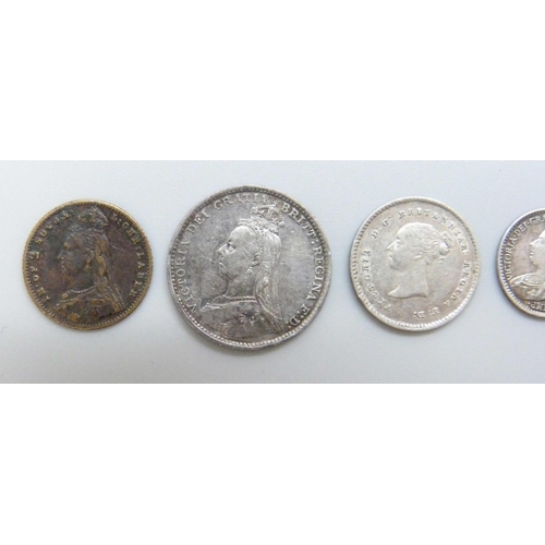 7181 - Coins; five Victorian coins, 1840 three half pence (1½), 1896 Maundy penny, 1838 Maundy 2d, 1887 3d ... 