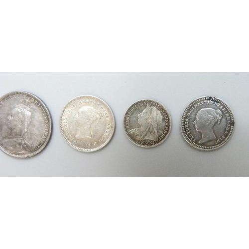 7181 - Coins; five Victorian coins, 1840 three half pence (1½), 1896 Maundy penny, 1838 Maundy 2d, 1887 3d ... 