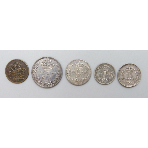 7181 - Coins; five Victorian coins, 1840 three half pence (1½), 1896 Maundy penny, 1838 Maundy 2d, 1887 3d ... 