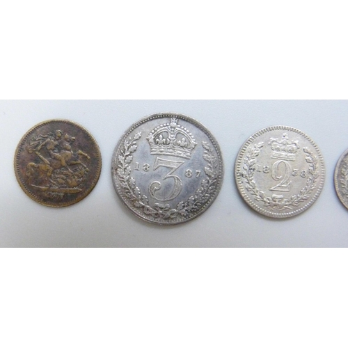 7181 - Coins; five Victorian coins, 1840 three half pence (1½), 1896 Maundy penny, 1838 Maundy 2d, 1887 3d ... 