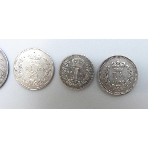 7181 - Coins; five Victorian coins, 1840 three half pence (1½), 1896 Maundy penny, 1838 Maundy 2d, 1887 3d ... 