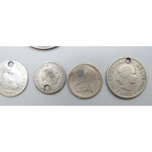 7182 - Coins; a Charles II 1677 half-crown, eight other coins and a medallion, a/f