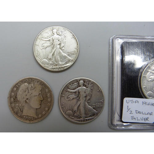 7183 - Coins; five USA half-dollar coins, 1894, 1934, 1942, 1943 and 1944