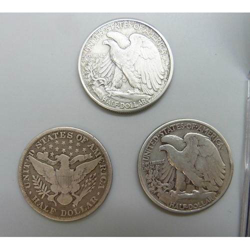 7183 - Coins; five USA half-dollar coins, 1894, 1934, 1942, 1943 and 1944