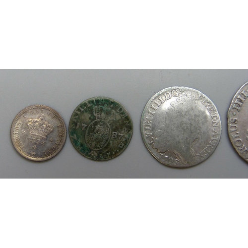 7185 - Coins; six European silver coins including three Spanish 18th century coins