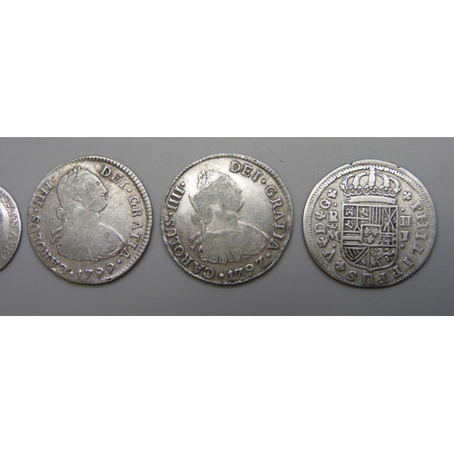 7185 - Coins; six European silver coins including three Spanish 18th century coins