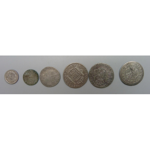 7185 - Coins; six European silver coins including three Spanish 18th century coins