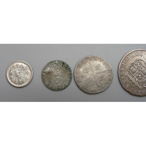 7185 - Coins; six European silver coins including three Spanish 18th century coins