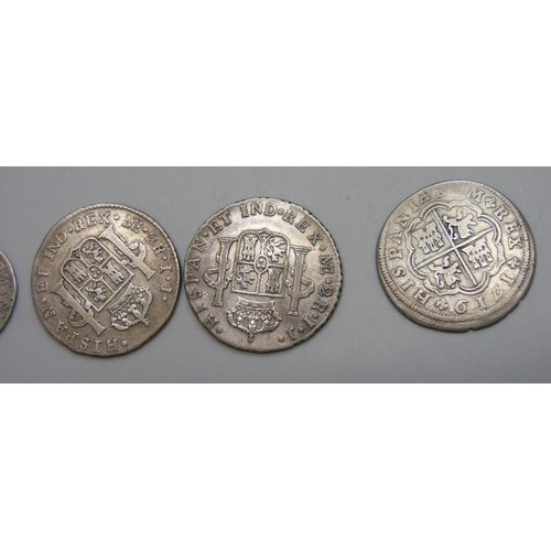 7185 - Coins; six European silver coins including three Spanish 18th century coins