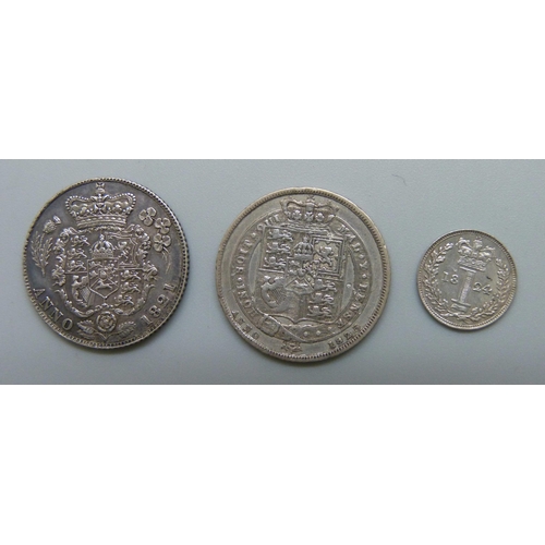 7188 - Coins; three George IV silver coins, 1824 Maundy penny and two sixpences, 1821 and 1825