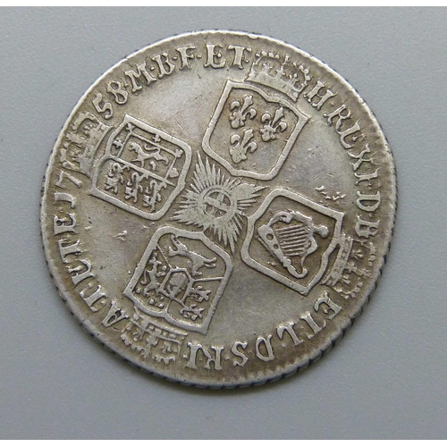 7190 - Coins; 1758 George II silver shilling