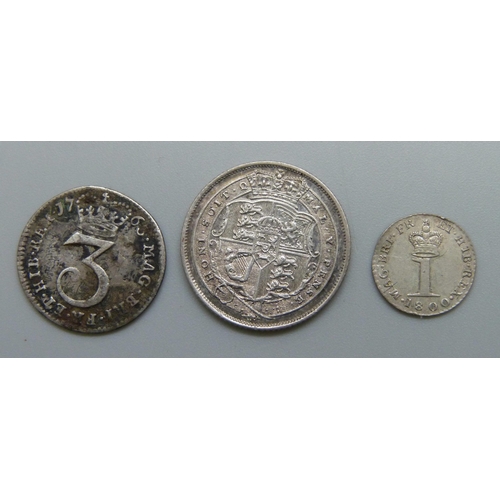 7191 - Coins; three George III coins, 1763 3d, 1800 Maundy penny and 1816 sixpence