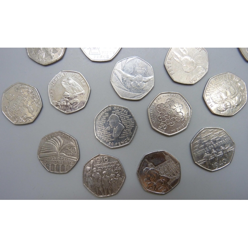 7198 - A collection of collectable 50p coins including Beatrix Potter, Paddington, NHS, Olympic, etc.