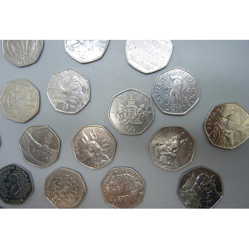 7198 - A collection of collectable 50p coins including Beatrix Potter, Paddington, NHS, Olympic, etc.