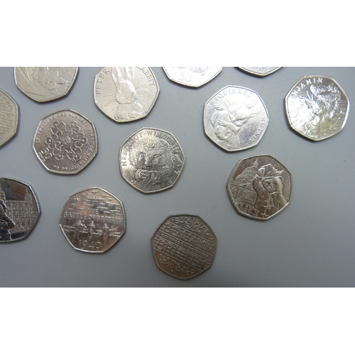 7198 - A collection of collectable 50p coins including Beatrix Potter, Paddington, NHS, Olympic, etc.