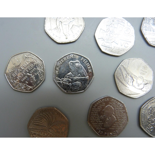 7198 - A collection of collectable 50p coins including Beatrix Potter, Paddington, NHS, Olympic, etc.