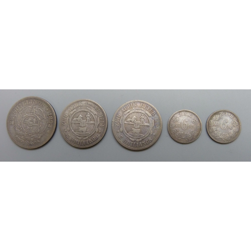 7202 - A collection of South African silver coins, 92.5% coins 19th century 2½ shilling, two 2 shilling, tw... 