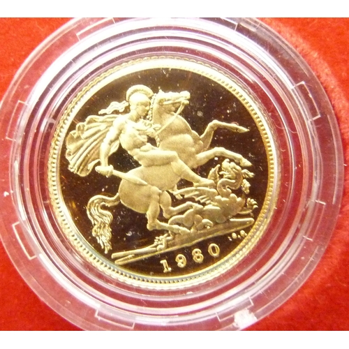 7210 - Coins; a 1980 Gold Proof ½ sovereign highest grade, cased with certificate