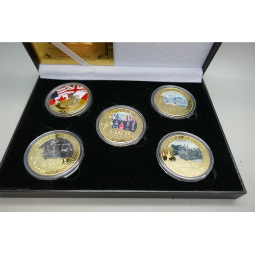 7212 - The Worth Collection, 75th Anniversary of D-Day, 5 coins gold plated 1944-2019 in case as issued and... 