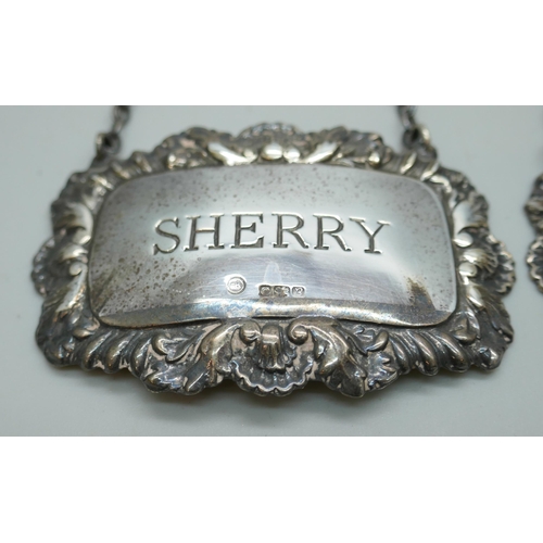 7220 - Two silver decanter labels - sherry and whisky, 23g