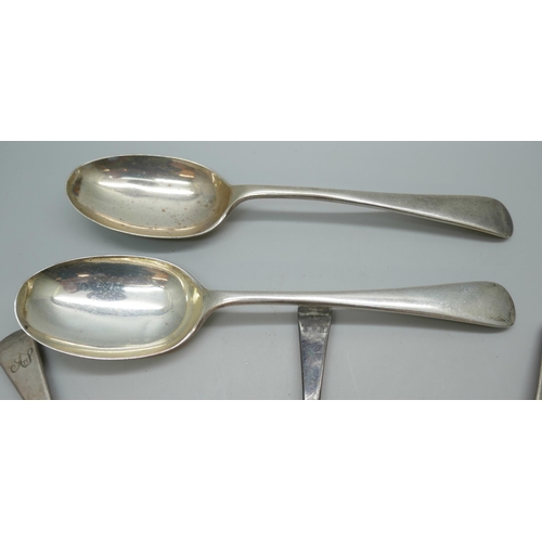 7238 - A set of three silver teaspoons, another pair of silver teaspoons and a pair of Walker & Hall larger... 