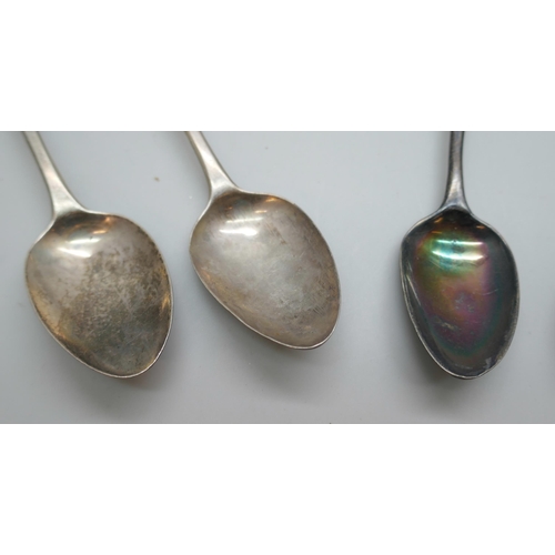 7238 - A set of three silver teaspoons, another pair of silver teaspoons and a pair of Walker & Hall larger... 