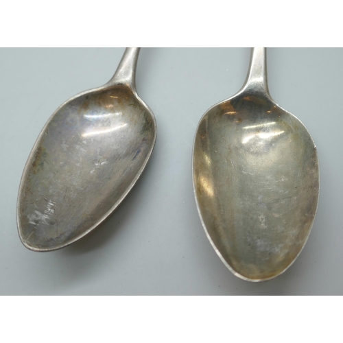 7238 - A set of three silver teaspoons, another pair of silver teaspoons and a pair of Walker & Hall larger... 