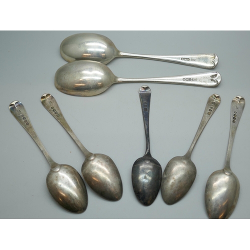 7238 - A set of three silver teaspoons, another pair of silver teaspoons and a pair of Walker & Hall larger... 