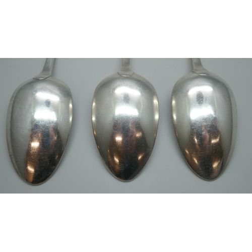 7239 - A set of three George III silver serving spoons with monograms to handles, JB, London 1814, 152g