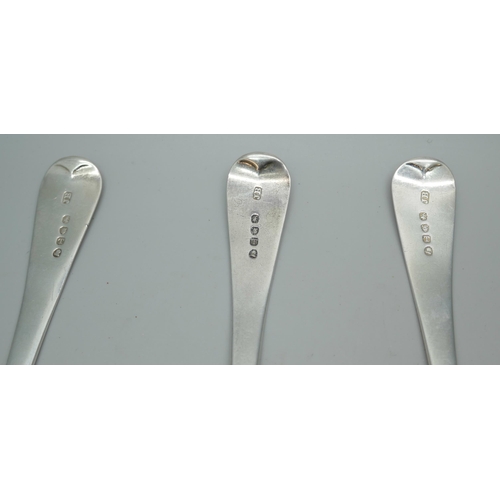 7239 - A set of three George III silver serving spoons with monograms to handles, JB, London 1814, 152g