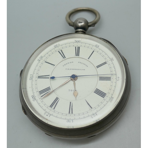 7251 - A silver cased Centre Seconds chronograph pocket watch, Henry Wolfe Manchester, Chester 1889