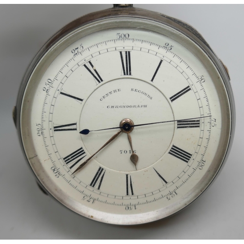 7251 - A silver cased Centre Seconds chronograph pocket watch, Henry Wolfe Manchester, Chester 1889