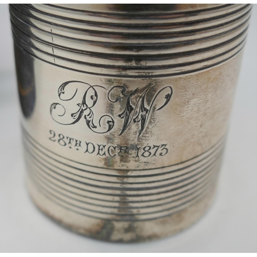 7252 - A Victorian engraved silver christening mug, London 1871, cased, 136g