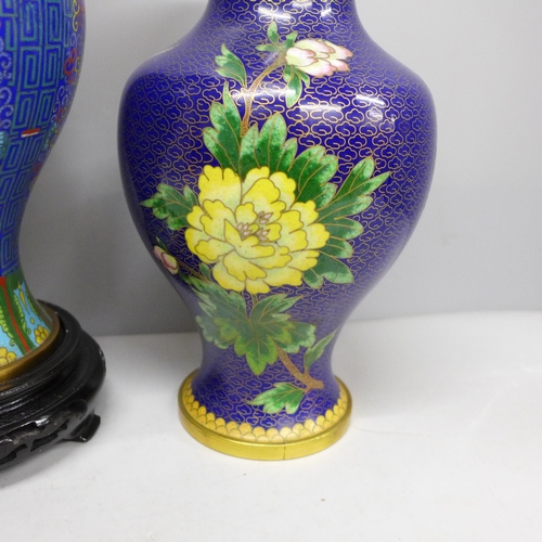 2018 - Two Chinese cloisonné vases in blue, tallest 25.5cm