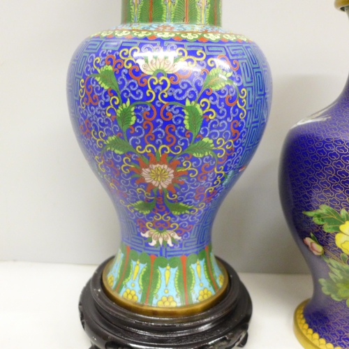 2018 - Two Chinese cloisonné vases in blue, tallest 25.5cm