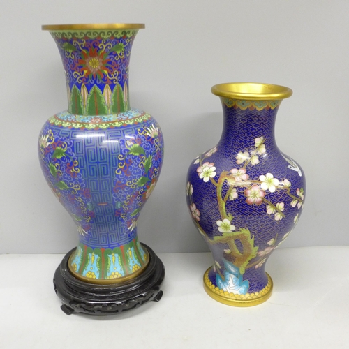 2018 - Two Chinese cloisonné vases in blue, tallest 25.5cm