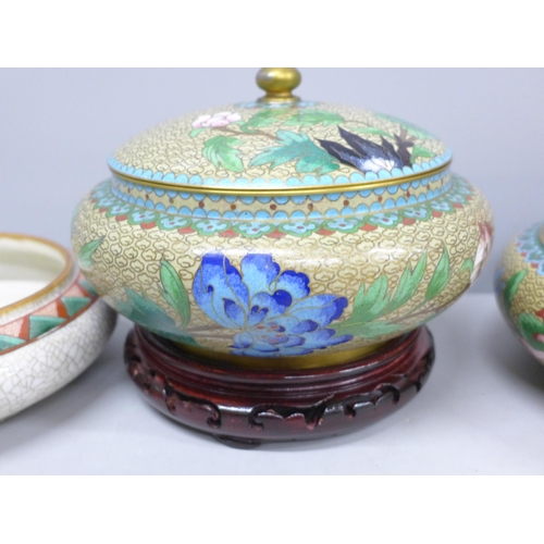 2038 - A Chinese cloisonné lidded pot, matching shallow bowl and a shallow bowl decorated with figures