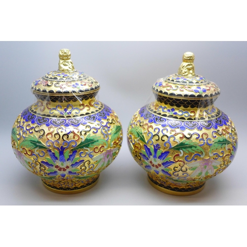 2056 - A pair of cloisonne lidded pots, 15.5cm