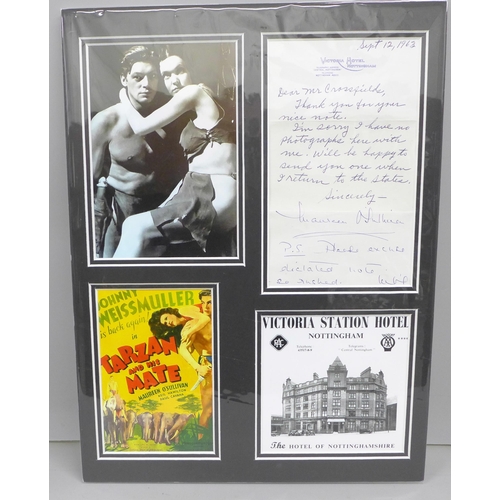 2065 - A Maureen O'Sullivan autographed display including a signed letter on Victoria Station Hotel, Nottin... 