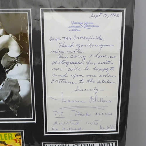 2065 - A Maureen O'Sullivan autographed display including a signed letter on Victoria Station Hotel, Nottin... 