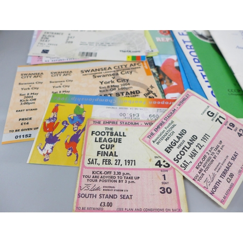 2075 - Football; twenty tickets, including 1971 League Cup Final, Malta, Swansea City, programmes including... 