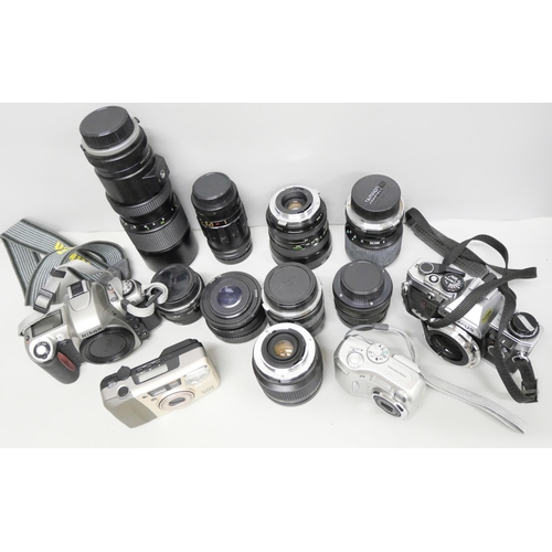 2118 - A collection of cameras, lenses and pocket cameras including Nikon, Olympus, Pentax and Minolta, etc... 