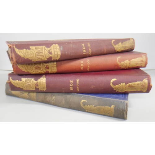 2137 - Four hardback volumes of 'Punch', 1856, 1900, 1902, 1904, with gold embossed spine and front cover. ... 