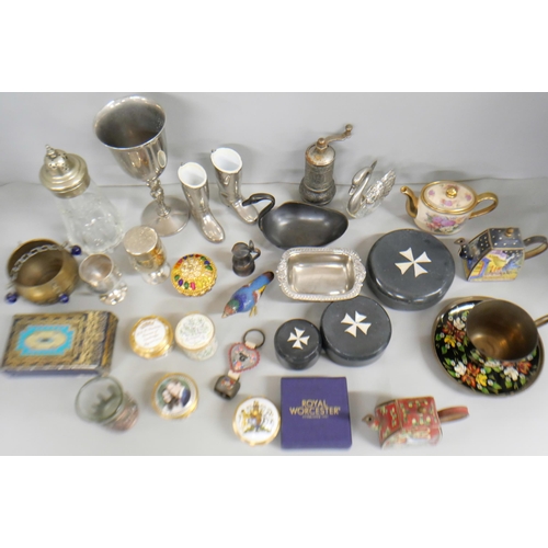 2140 - Assorted items including Maltese pots, pill boxes, silver plated boots, silver plated swans, two Tra... 